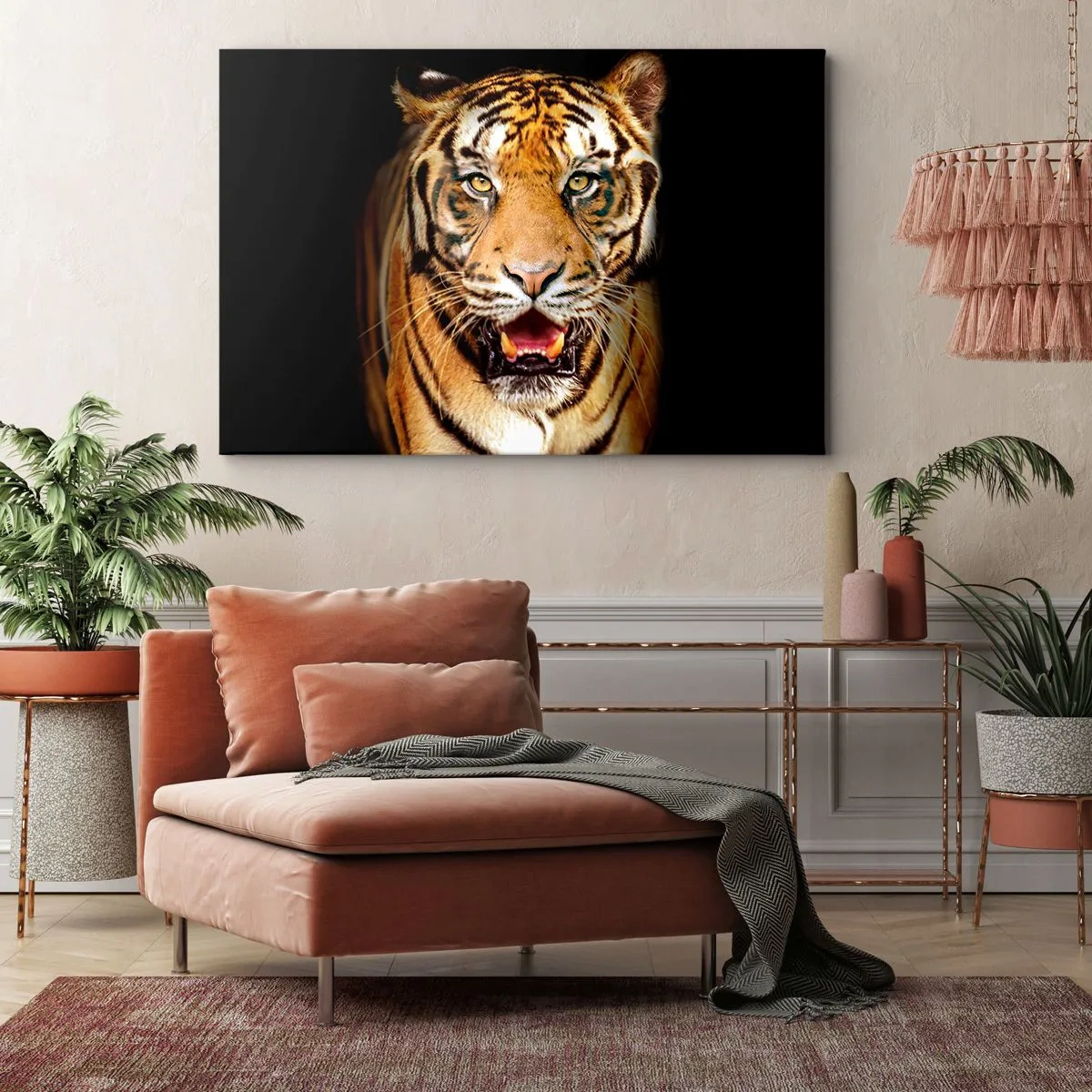 Impression sur toile - Image sur toile - Un tigre avec la gueule ouverte sur un fond noir - 70x50cm - Le coeur sauvageon - Décoration murale moderne pour le salon et la chambre ARTTOR