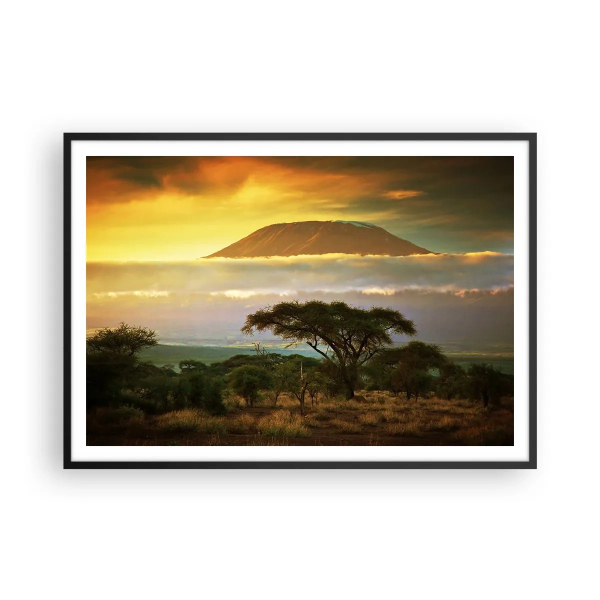 Affiche dans un cadre noir - Poster - Paysage africain avec le Kilimandjaro au lever du soleil - 100x70cm - Un rêve de voyageur - Décoration murale moderne pour le salon et la chambre ARTTOR