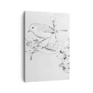 Impression sur toile - Image sur toile - Oiseau sur une branche en noir et blanc avec un style minimaliste - 50x70cm - Matin d'hiver - Décoration murale moderne pour le salon et la chambre ARTTOR