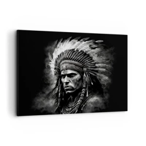 Impression sur toile - Image sur toile - Portrait d'un chef portant une coiffe à plumes sur fond noir - 120x80cm - Un leader et un guerrier - Décoration murale moderne pour le salon et la chambre ARTTOR