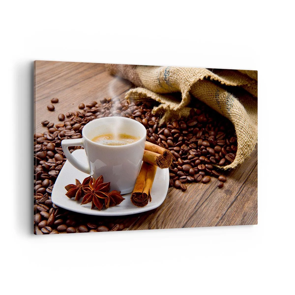 Impression sur toile - Image sur toile - Une tasse de café à la cannelle et à l'anis sur un fond de grains de café - 120x80cm - Saveur et arôme épicés - Décoration murale moderne pour le salon et la chambre ARTTOR