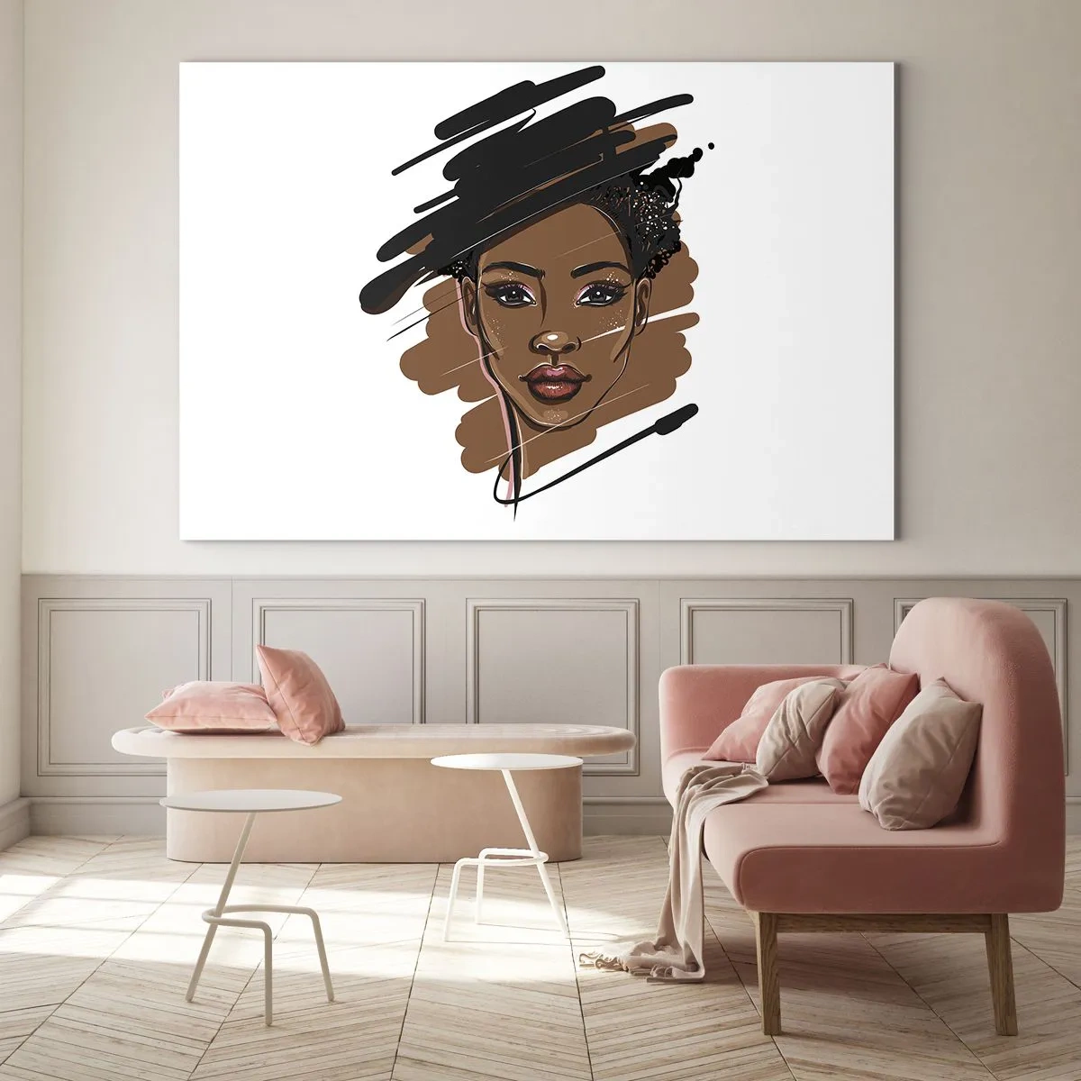 Impression sur verre - Image sur verre - Portrait d'une femme noire dans un style de croquis de mode - 120x80cm - Doux comme le chocolat - Décoration murale moderne pour le salon et la chambre ARTTOR