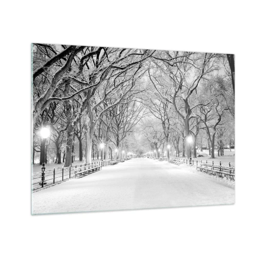 Impression sur verre - Image sur verre - Allée d'arbres d'hiver dans le parc avec des lumières et de la neige - 70x50cm - Les quatres saisons – l’hiver - Décoration murale moderne pour le salon et la chambre ARTTOR