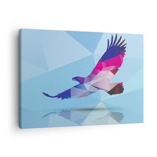 Impression sur toile - Image sur toile - Silhouette géométrique d'un aigle en vol sur fond bleu - 70x50cm - Aigle en cristal lilas - Décoration murale moderne pour le salon et la chambre ARTTOR