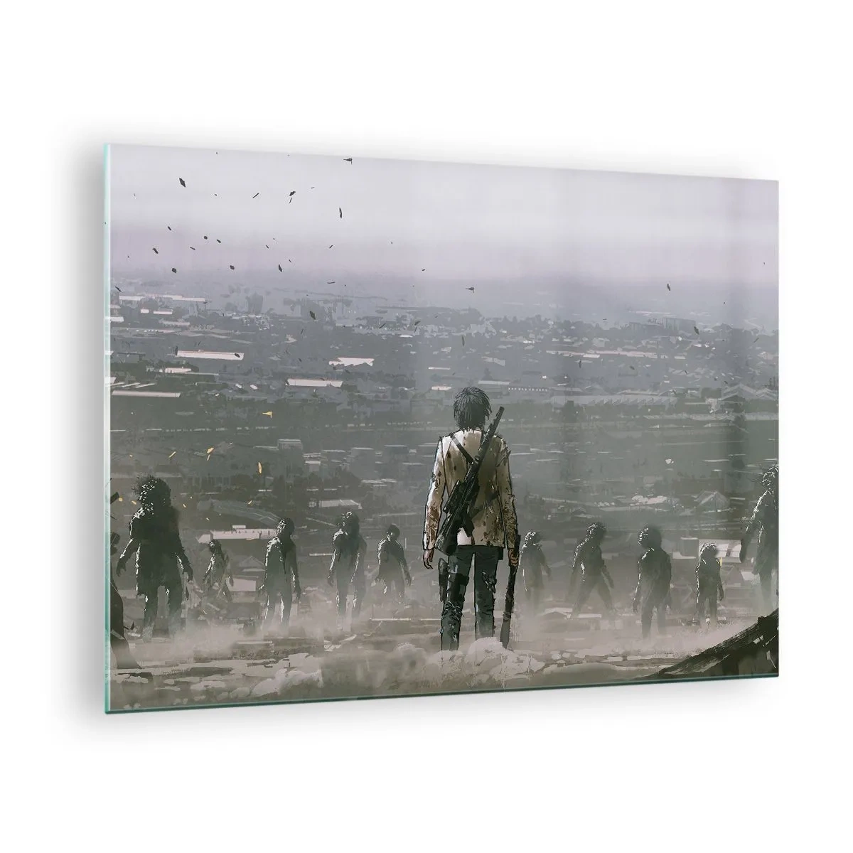 Impression sur verre - Image sur verre - Une silhouette avec un fusil dans le décor sombre d'un groupe qui s'approche - 70x50cm - Dernier samaritain ? - Décoration murale moderne pour le salon et la chambre ARTTOR