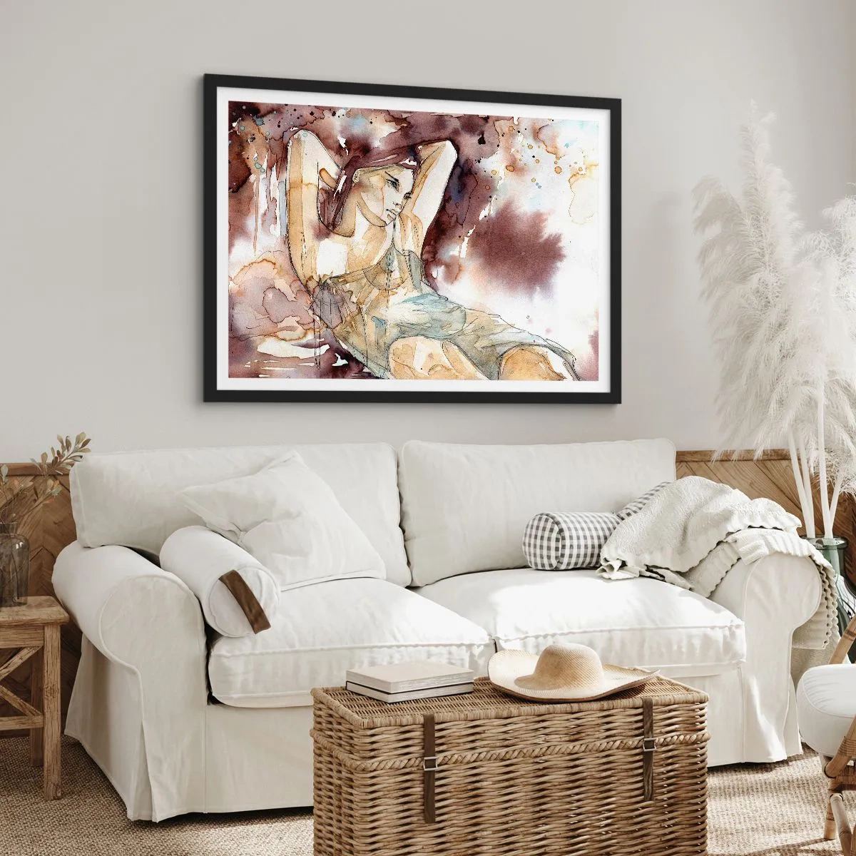 Affiche dans un cadre noir - Poster - Femme dans un style aquarelle artistique sur fond marron - 70x50cm - D'humeur lilas - Décoration murale moderne pour le salon et la chambre ARTTOR