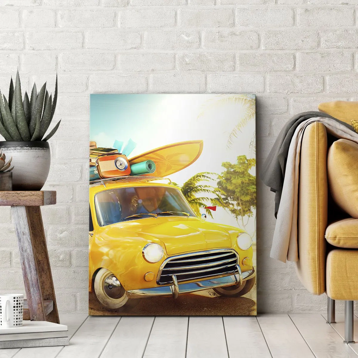 Impression sur toile - Image sur toile - Une voiture jaune avec des bagages dans un paysage tropical - 50x70cm - Un voyage pour plus d'un sourire - Décoration murale moderne pour le salon et la chambre ARTTOR