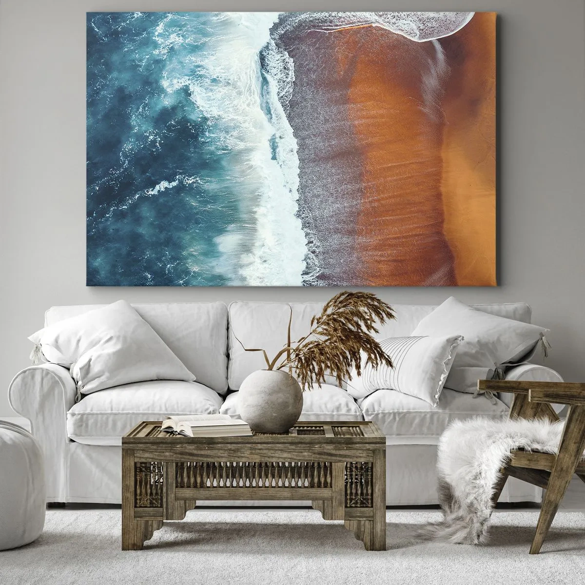 Impression sur toile - Image sur toile - Une vue des vagues de l'océan s'écrasant sur la plage dorée - 120x80cm - Caresse de l'océan - Décoration murale moderne pour le salon et la chambre ARTTOR