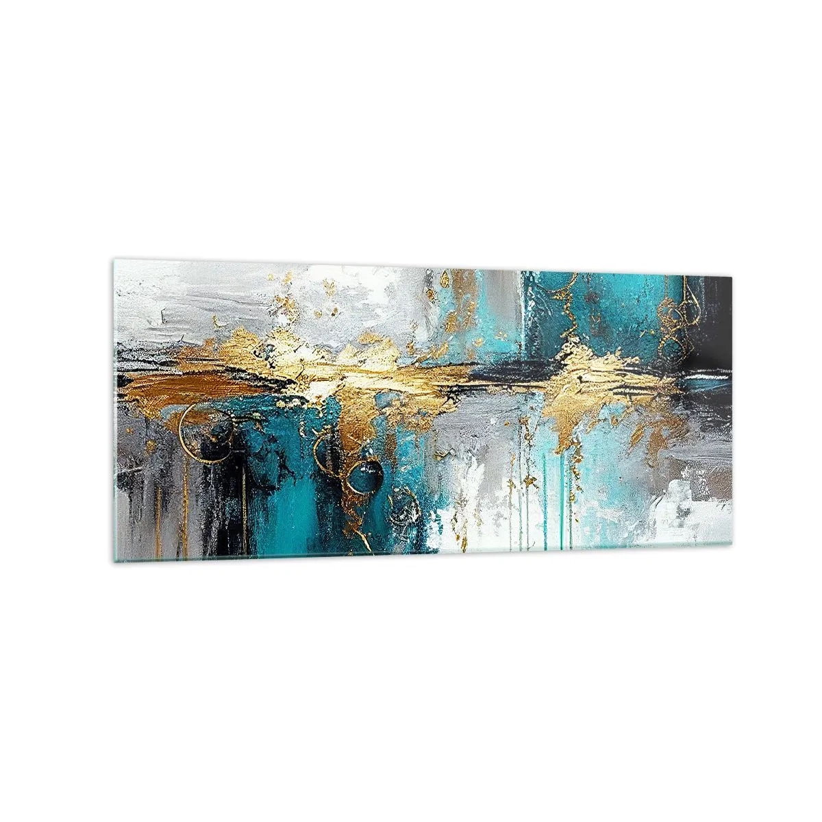 Impression sur verre - Image sur verre - Une composition abstraite aux accents turquoise et dorés. - 120x50cm - Tout coule - Décoration murale moderne pour le salon et la chambre ARTTOR