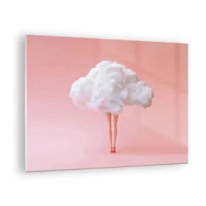 Impression sur verre - Image sur verre - Une silhouette de femme avec un nuage au lieu d'une robe sur un fond rose pastel. - 70x50cm - Douce promesse - Décoration murale moderne pour le salon et la chambre ARTTOR