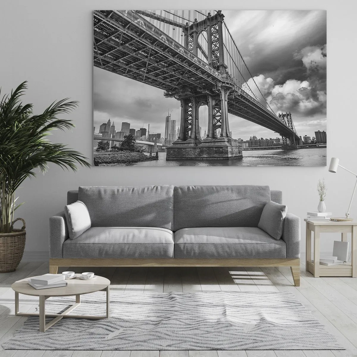 Impression sur verre - Image sur verre - Un pont suspendu dans un décor monochrome - 70x50cm - Au coeur de la ville - Décoration murale moderne pour le salon et la chambre ARTTOR
