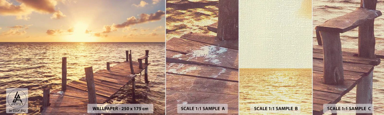 Échantillon de Papier Peint Premium Canvas - La terre d'or de la douceur - Paysage, Mer, Pont de bois - 100x30 cm