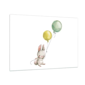 Impression sur verre - Image sur verre - Un lapin tenant deux ballons - 100x70cm - Moi aussi je vole! - Décoration murale moderne pour le salon et la chambre ARTTOR