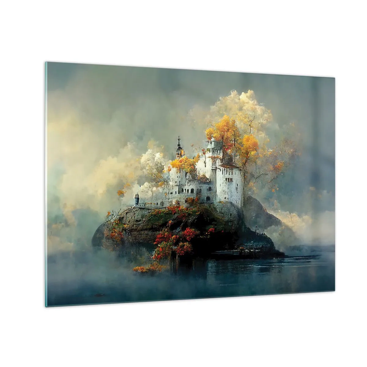 Impression sur verre - Image sur verre - Un château sur un rocher entouré de brouillard et d'arbres d'automne - 70x50cm - Le début d'une histoire romantique - Décoration murale moderne pour le salon et la chambre ARTTOR