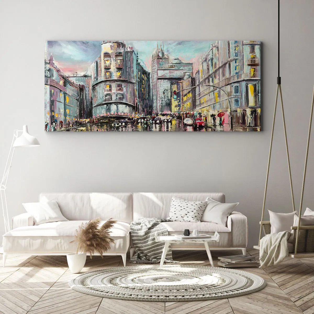 Impression sur toile - Image sur toile - Vue nocturne de la ville avec des reflets sur la rue mouillée - 160x50cm - Ce sera une soirée réussie - Décoration murale moderne pour le salon et la chambre ARTTOR