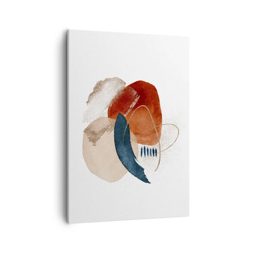 Impression sur toile - Image sur toile - Une composition abstraite avec des taches dans des tons terreux et bleu marine. - 50x70cm - Composition ovale - Décoration murale moderne pour le salon et la chambre ARTTOR