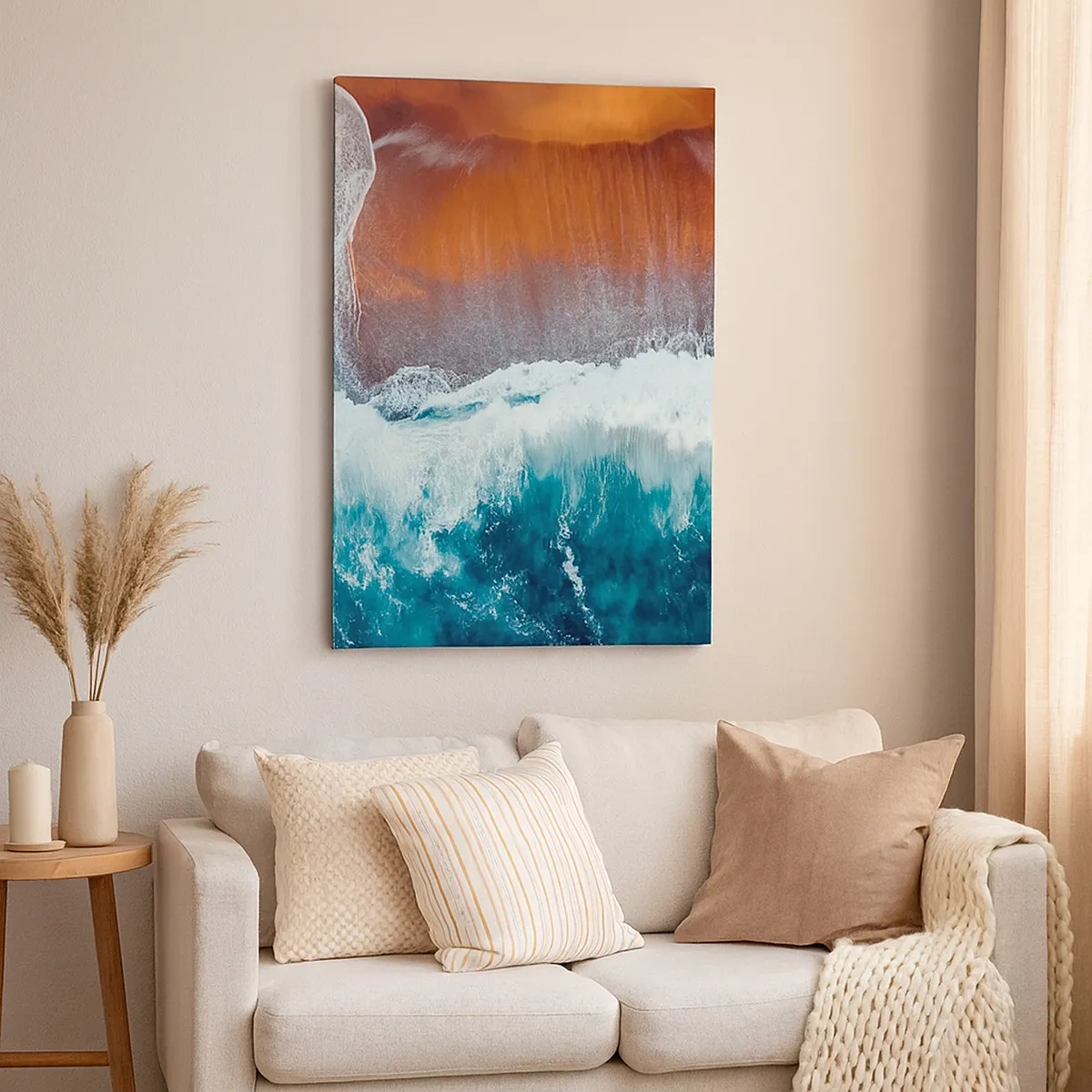 Impression sur toile - Image sur toile - Une vue des vagues de l'océan s'écrasant sur la plage dorée - 50x70cm - Caresse de l'océan - Décoration murale moderne pour le salon et la chambre ARTTOR