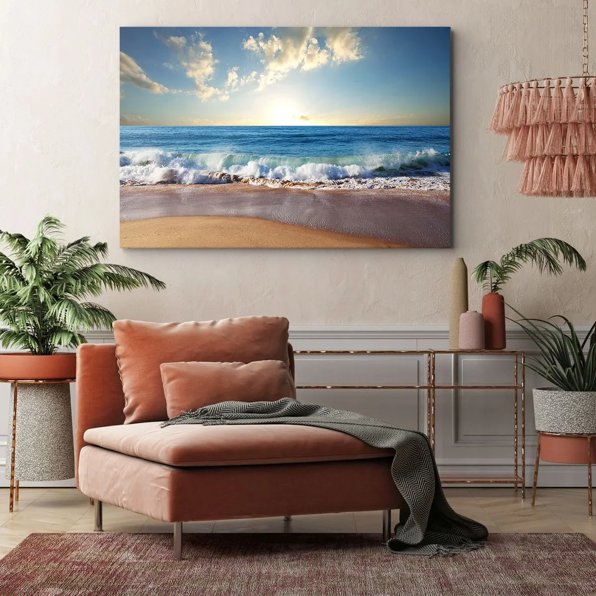 Impression sur toile - Image sur toile - Une plage ensoleillée avec des vagues s'écrasant sur le rivage - 70x50cm - Mouvement et immobilité à la fois - Décoration murale moderne pour le salon et la chambre ARTTOR