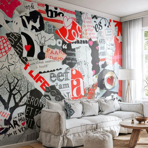 Papier Peint Photo Premium Sand - Collage hipster - Graffiti, Mural, Ancien - 200x140 cm