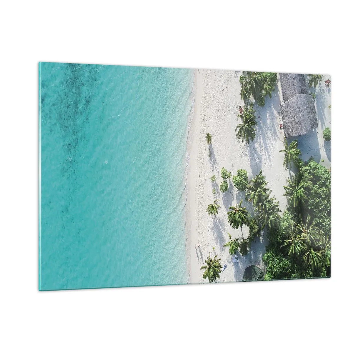 Impression sur verre - Image sur verre - Vue plongeante sur une plage tropicale avec des palmiers et une mer turquoise - 120x80cm - Vacances au paradis - Décoration murale moderne pour le salon et la chambre ARTTOR