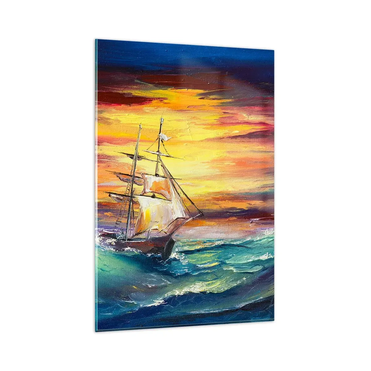 Impression sur verre - Image sur verre - Un voilier sur fond de coucher de soleil coloré - 80x120cm - Courageusement sous les vagues - Décoration murale moderne pour le salon et la chambre ARTTOR