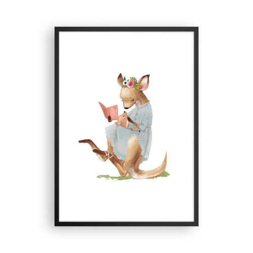 Affiche dans un cadre noir - Poster - Un kangourou lisant un livre avec un enfant dans un style artistique. - 50x70cm - Lis-moi maman - Décoration murale moderne pour le salon et la chambre ARTTOR