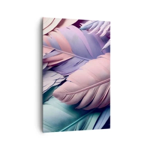 Impression sur toile - Image sur toile - Plumes colorées dans des tons pastel sur un fond clair - 80x120cm - Oiseau chic - Décoration murale moderne pour le salon et la chambre ARTTOR