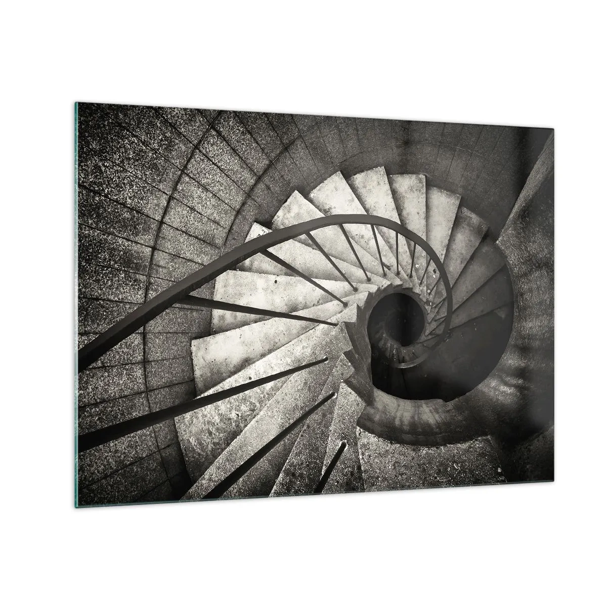 Impression sur verre - Image sur verre - Un escalier en colimaçon noir et blanc vu à vol d'oiseau - 70x50cm - En haut des escaliers, en bas des escaliers - Décoration murale moderne pour le salon et la chambre ARTTOR