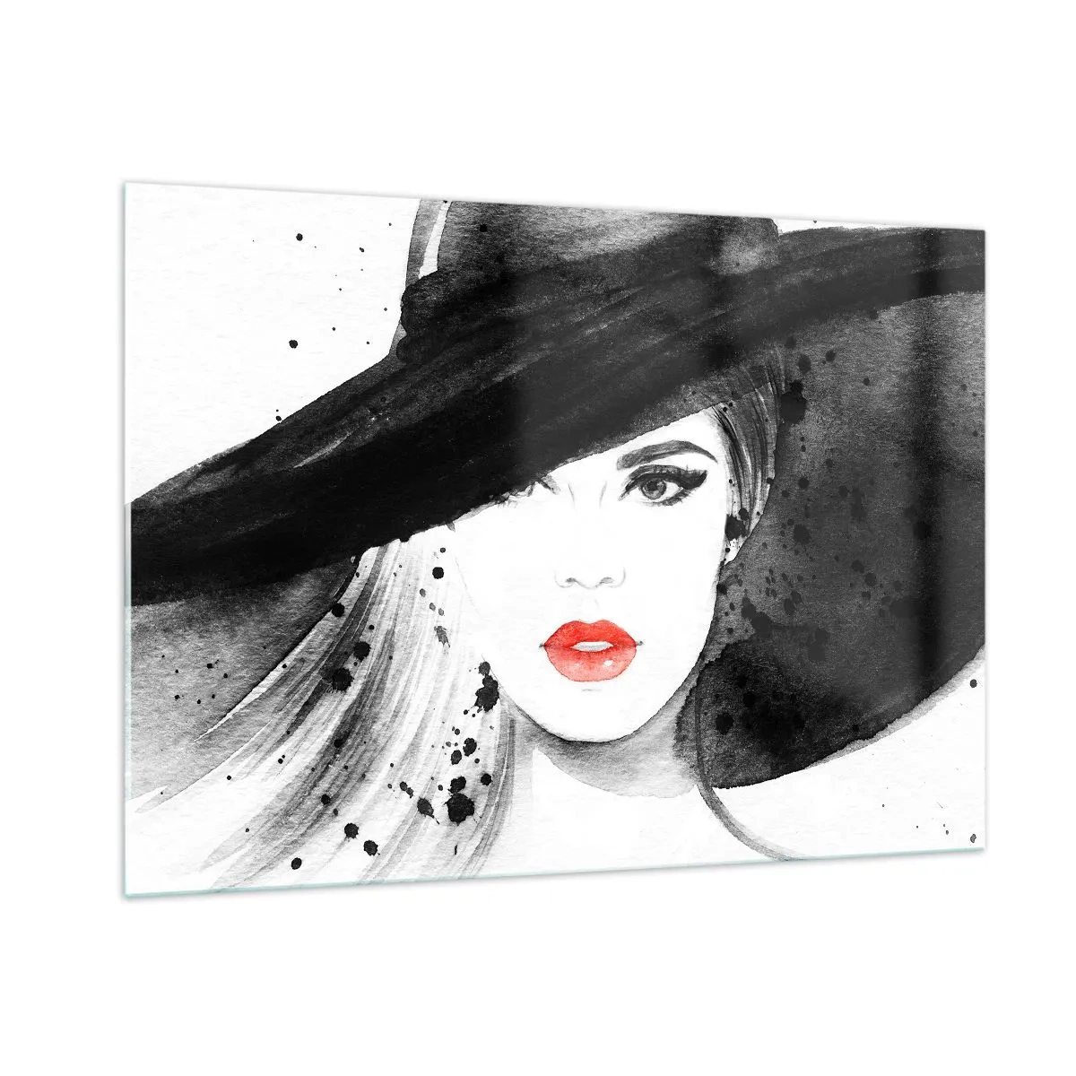 Impression sur verre - Image sur verre - Portrait d'une femme au chapeau noir et aux lèvres rouges - 100x70cm - Dame en noir - Décoration murale moderne pour le salon et la chambre ARTTOR