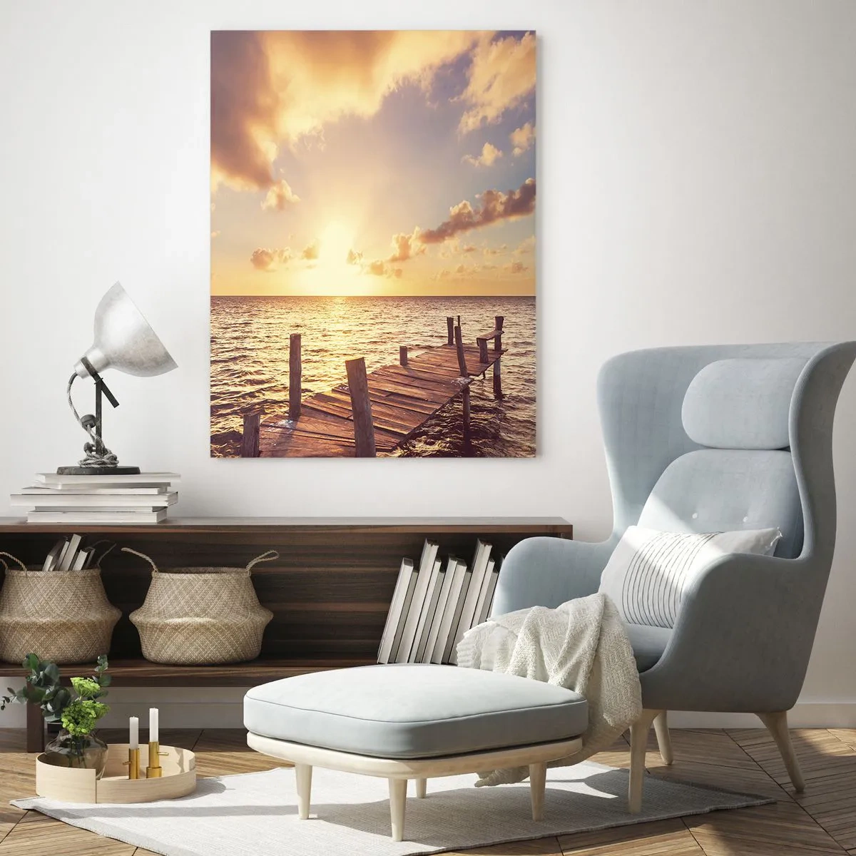 Impression sur verre - Image sur verre - Une jetée en bois sur fond de soleil couchant - 50x70cm - La terre d'or de la douceur - Décoration murale moderne pour le salon et la chambre ARTTOR