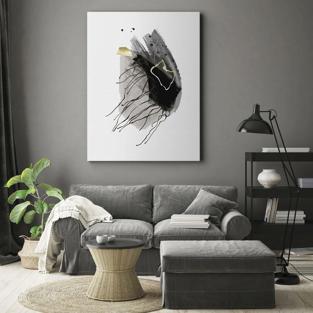 Impression sur toile - Image sur toile - Une composition abstraite avec des accents de noir et d'or. - 50x70cm - En noir et en or - Décoration murale moderne pour le salon et la chambre ARTTOR