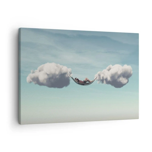 Impression sur toile - Image sur toile - Une personne se détendant dans un hamac suspendu dans les nuages - 70x50cm - Instant de bonheur - Décoration murale moderne pour le salon et la chambre ARTTOR