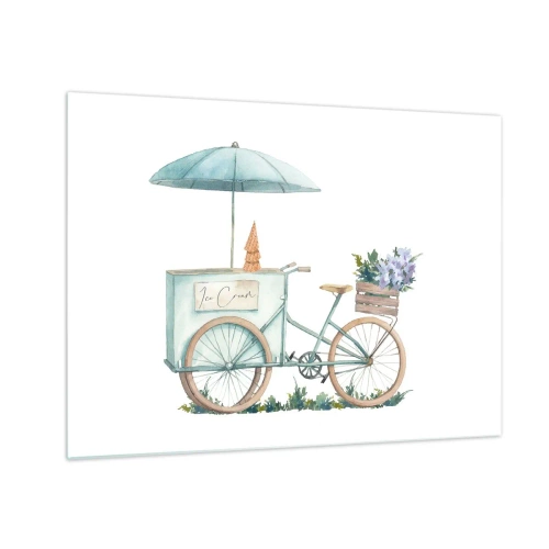Impression sur verre - Image sur verre - Un vélo avec de la glace et des fleurs pastel - 70x50cm - Doux souvenir d'été - Décoration murale moderne pour le salon et la chambre ARTTOR