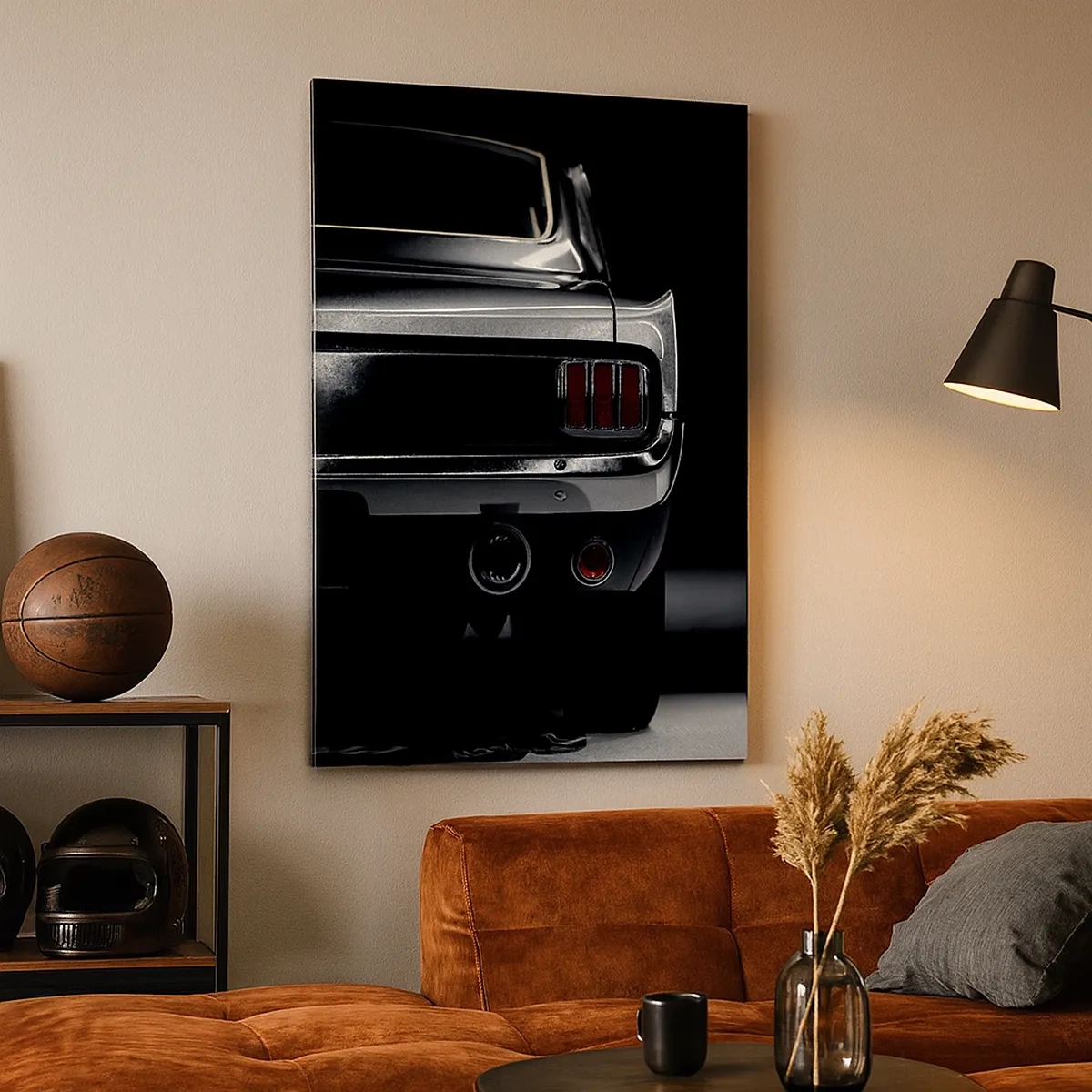 Impression sur toile - Image sur toile - Une image en noir et blanc de l'arrière d'une voiture classique sur un fond sombre. - 50x70cm - Le charme du classique - Décoration murale moderne pour le salon et la chambre ARTTOR