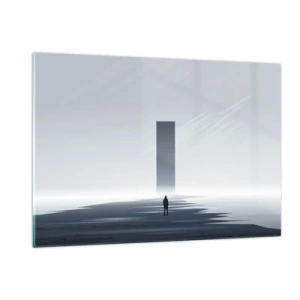 Impression sur verre - Image sur verre - Un paysage minimaliste avec une figure et un monolithe au loin. - 120x80cm - Opportunité ou menace ? - Décoration murale moderne pour le salon et la chambre ARTTOR