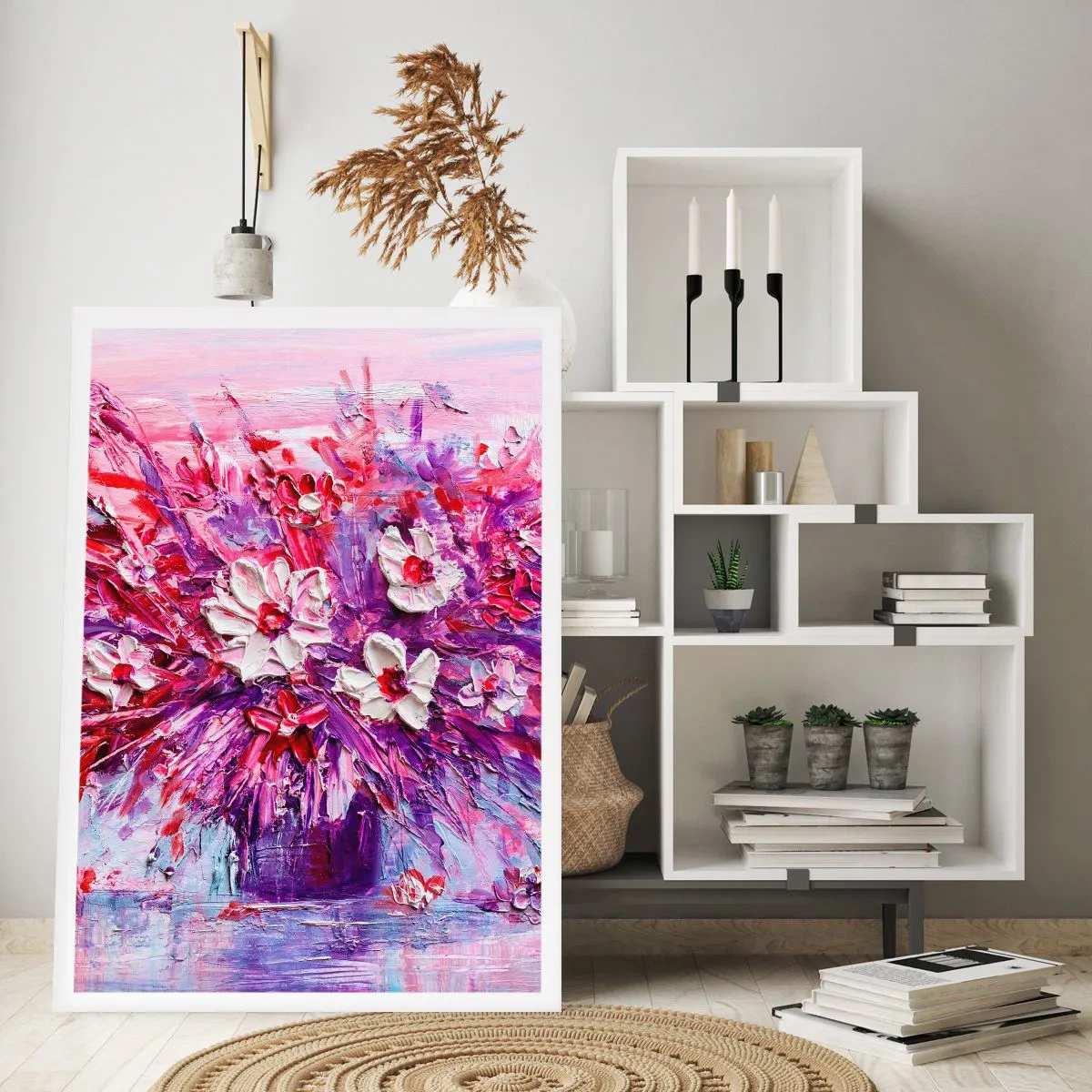 Affiche - Poster - Un bouquet de fleurs dans les tons de rose, violet et blanc - 50x70cm - Innocence et passion - Décoration murale moderne pour le salon et la chambre ARTTOR