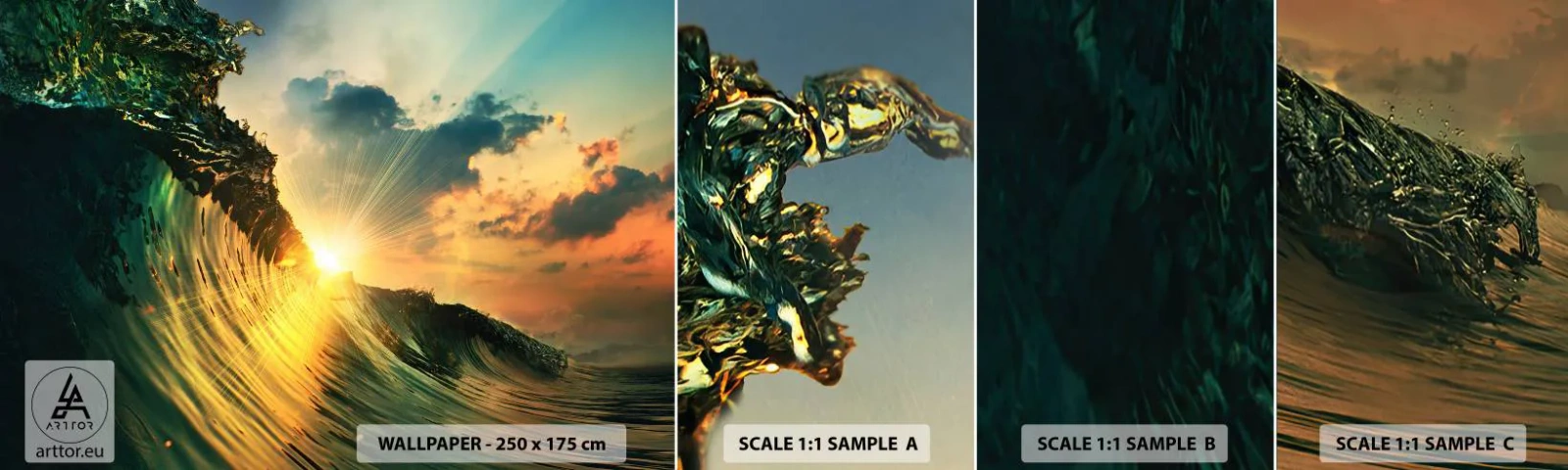 Échantillon de Papier Peint Autocollant Deluxe Sticker - Surfeur, où es-tu ? - Vague de mer, Rayons du soleil, Nature - 100x30 cm