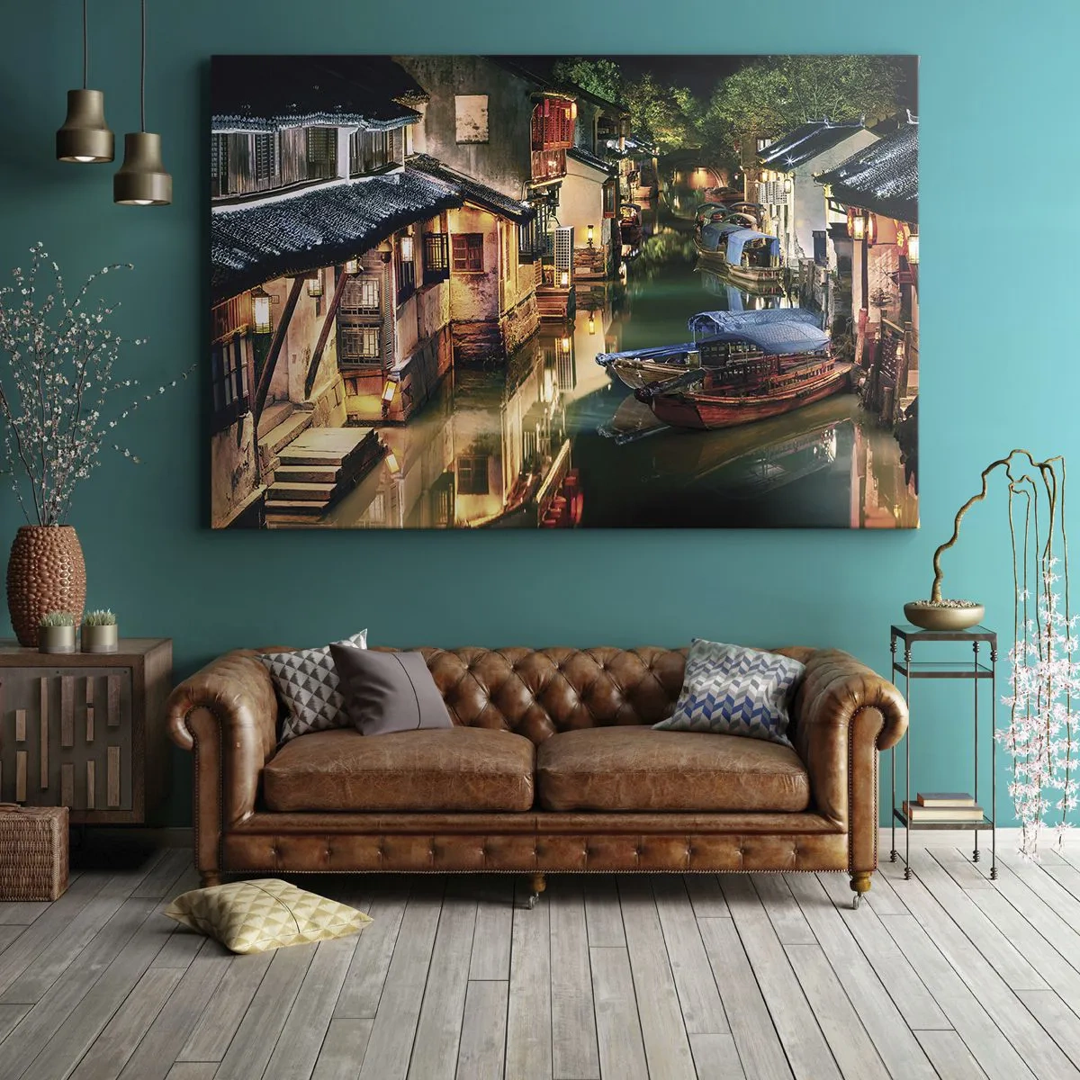 Impression sur toile - Image sur toile - Vue nocturne des canaux avec bateaux et maisons traditionnels - 120x80cm - Soirée dans une rue chinoise - Décoration murale moderne pour le salon et la chambre ARTTOR
