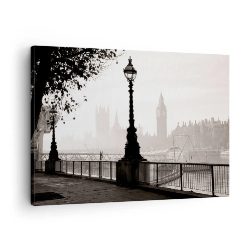 Impression sur toile - Image sur toile - Une vue monochrome de Big Ben et de la Tamise. - 70x50cm - Un matin londonien - Décoration murale moderne pour le salon et la chambre ARTTOR