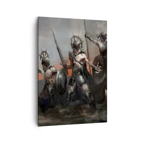 Impression sur toile - Image sur toile - Un groupe de guerriers en armure avec des lances sur fond de coucher de soleil - 50x70cm - Avec ou sur un bouclier - Décoration murale moderne pour le salon et la chambre ARTTOR