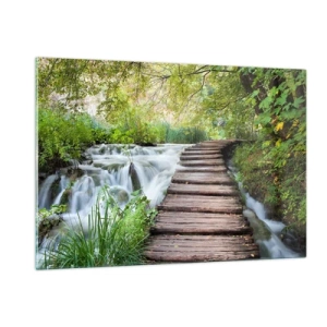 Impression sur verre - Image sur verre - Un pont dans la forêt au-dessus d'un ruisseau - 120x80cm - L'eau n'est pas si calme - Décoration murale moderne pour le salon et la chambre ARTTOR