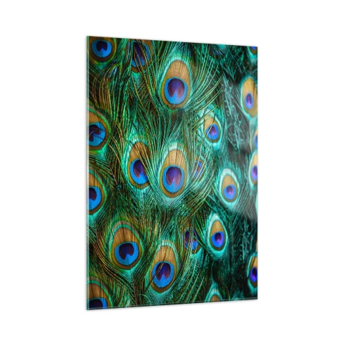 Impression sur verre - Image sur verre - Détail des plumes de paon avec des yeux distincts - 50x70cm - Un regard de paon - Décoration murale moderne pour le salon et la chambre ARTTOR