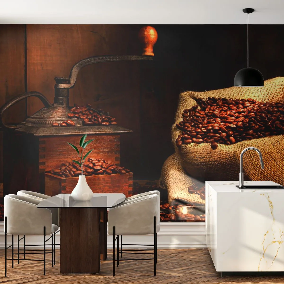 Papier Peint Autocollant Deluxe Sticker - Nature morte avec grains de café et moulin - La gastronomie, Café, Moulin à café - 250x175 cm
