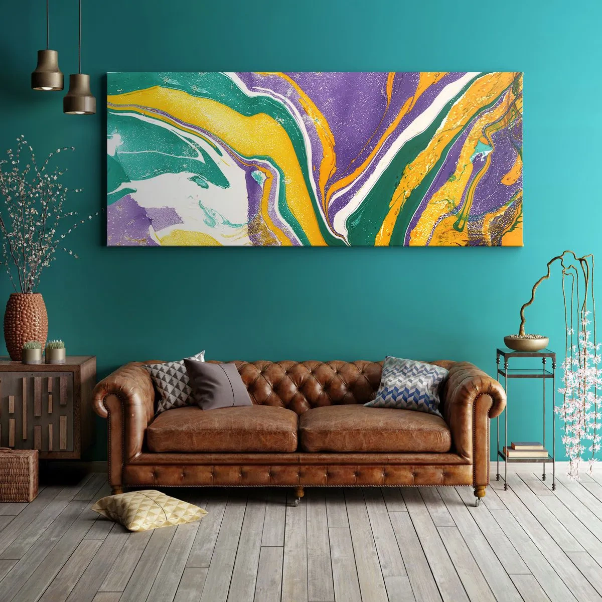 Impression sur toile - Image sur toile - Motif de marbre abstrait aux couleurs vives - 140x50cm - Ondes de couleur - Décoration murale moderne pour le salon et la chambre ARTTOR