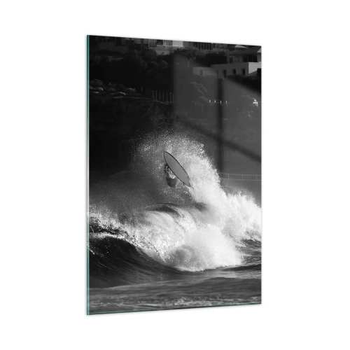 Impression sur verre - Image sur verre - Un surfeur sur une vague capturé dans une photographie en noir et blanc - 50x70cm - Défi accepté! - Décoration murale moderne pour le salon et la chambre ARTTOR