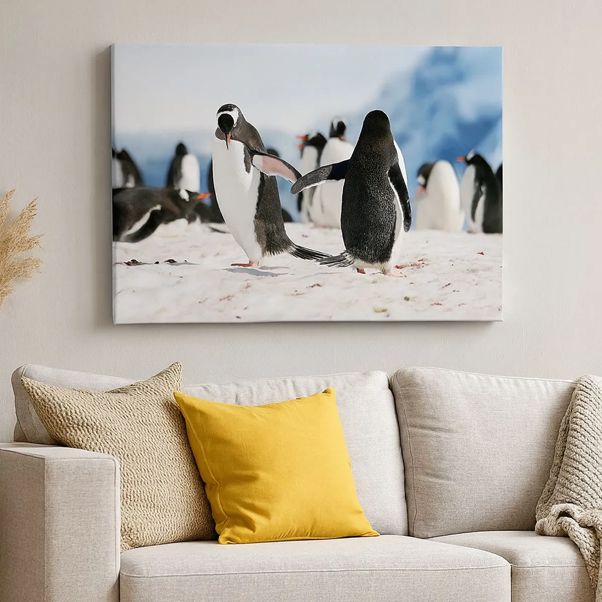 Impression sur toile - Image sur toile - Un groupe de pingouins dans la neige dans un paysage antarctique - 70x50cm - Danser dans la neige - Décoration murale moderne pour le salon et la chambre ARTTOR