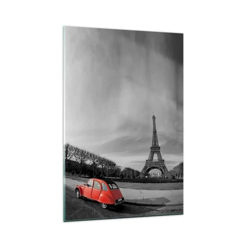 Impression sur verre - Image sur verre - Une voiture rouge avec la Tour Eiffel en arrière-plan dans un paysage en noir et blanc - 80x120cm - Plus parisien que Paris lui-même - Décoration murale moderne pour le salon et la chambre ARTTOR