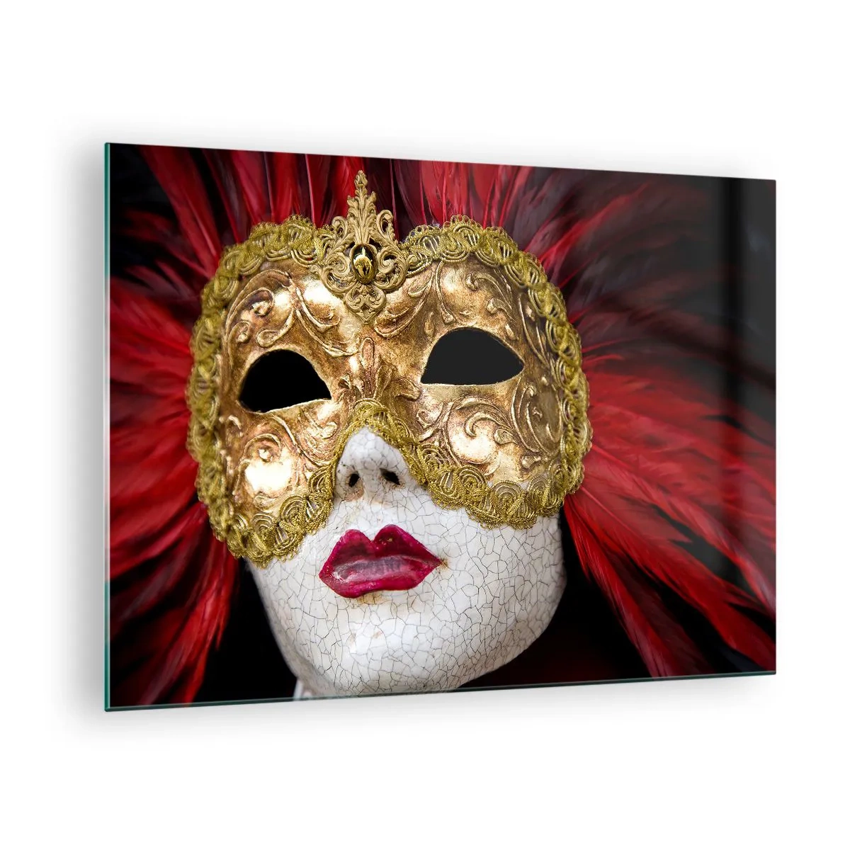 Impression sur verre - Image sur verre - Masque de carnaval doré avec plumes rouges - 70x50cm - La promesse d'une aventure carnavalesque - Décoration murale moderne pour le salon et la chambre ARTTOR