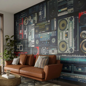 Papier Peint Photo Premium Sand - Une collection de boomboxes et d'équipements audio rétro sur fond sombre. - 100x70cm - Nostalgie des années 80 - Décoration murale moderne pour le salon et la chambre ARTTOR