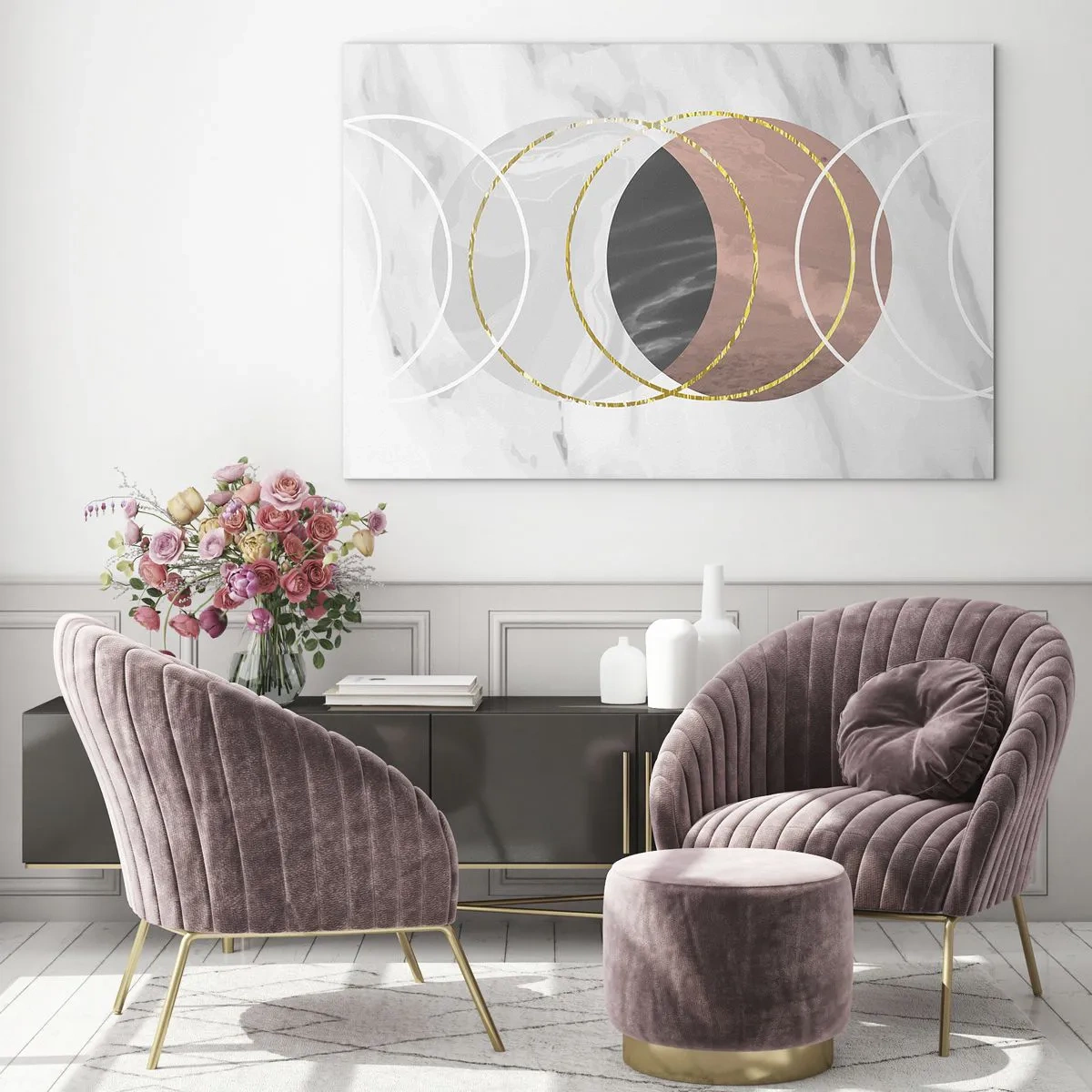 Impression sur verre - Image sur verre - Cercles géométriques dans des tons de cuivre, d'or et de marbre - 100x70cm - Musique des sphères - Décoration murale moderne pour le salon et la chambre ARTTOR